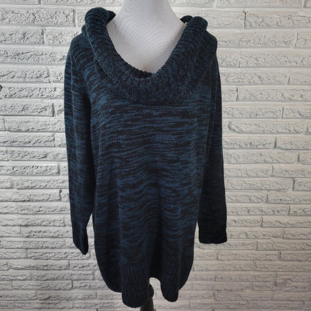 Alyx Blue Marled Cowl Neck Sweater 2X Plus Tight Knit Pullover Stretch SWE2E